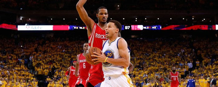 NBA Most Valuable Player Steph Curry (30) drives to the basket against Trevor Ariza (1). Curry led the Warriors to a Game 1 Western Conference Finals win with 34 points.