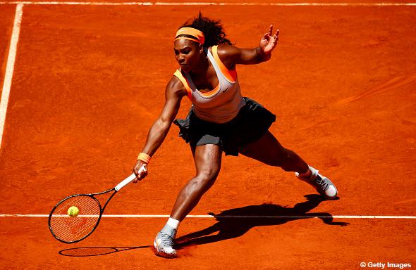 Getty Images Serena Williams hits a forehand to Victoria Azarenka. Williams won the match 7-6 (5), 3-6, 7-6 (1) .
